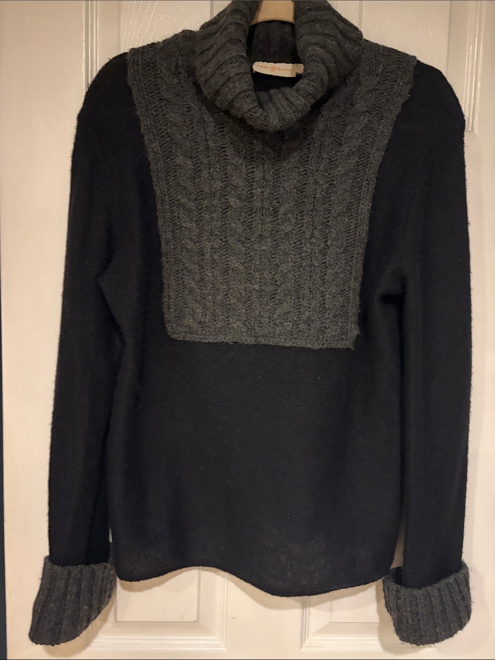 Tory Burch Black Sweater with Charcoal Cable-Knit Turtleneck Yoke